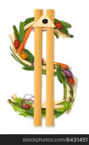 The dollar sign made of green vegetables and noodle with pyramid with eye on top.