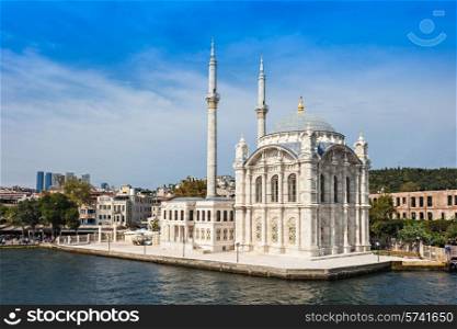 The Dolmabahce Mosque is in Istanbul, Turkey. It was commissioned by queen mother Bezmi Alem Valide Sultan.