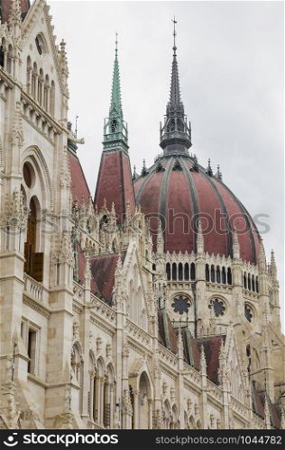 The dome and part of the facade of the Hungarian Parliament. Budapest. Hungary