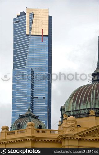 The dome of Flinders Street Railway Station, with the mighty Eureka Tower in the background.