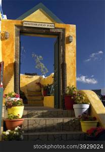 The doorway into a restaurant on the Greek island of Santorini in Greece.