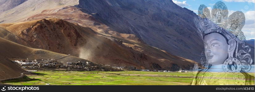 The double exposure panorama of the Korzok monastery and village with Buddha Maitreya face from Namgyal Tsemo Monastery, Leh, Laddakh, Jammu and Kashmir, India.