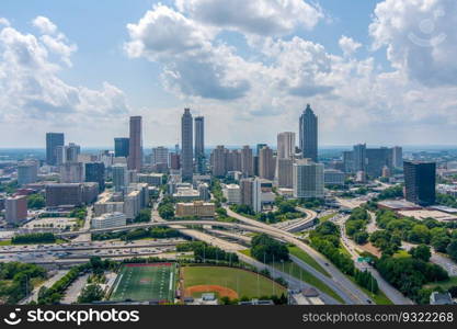 The downtown Atlanta, Georgia skyline from above the Jackson Street Bridge. The downtown Atlanta, Georgia skyline