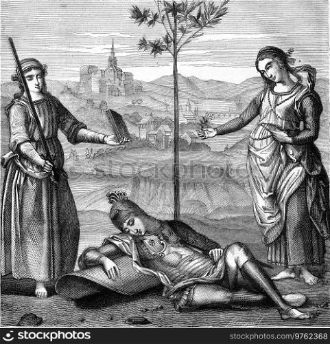 The Dream of the Knight by Raphael, at the National Gallery in London, vintage engraved illustration. Magasin Pittoresque 1877. 