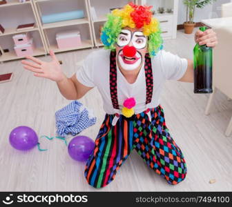 The drunk clown celebrating having a party at home. Drunk clown celebrating having a party at home