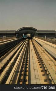 the Dubai Metro, MRT, in motion along Sheikh Zayed road with tunnel, Dubai, United Arab Emirates