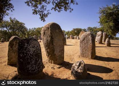 the Ebora Megalithica and Cromlech of Almendres in Almendres near the city of Evora in Alentejo in Portugal. Portugal, Evora, October, 2021
