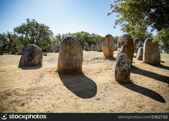 the Ebora Megalithica and Cromlech of Almendres in Almendres near the city of Evora in Alentejo in Portugal. Portugal, Evora, October, 2021