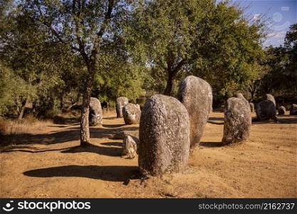 the Ebora Megalithica and Cromlech of Almendres in Almendres near the city of Evora in Alentejo in Portugal. Portugal, Evora, October, 2021