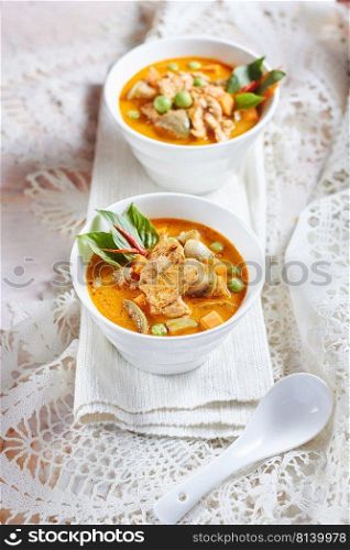  The eggplant curry pork with spicy Thai food,shallow Depth of Field,Focus on pork. .  The eggplant curry pork with spicy Thai food.
