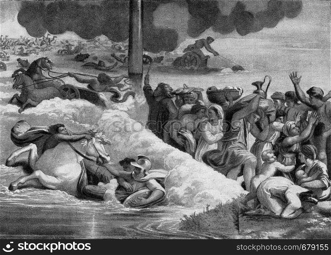 The Egyptians continue the Nights perish in the Red Sea, vintage engraved illustration. From the Universe and Humanity, 1910.