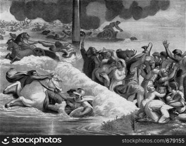 The Egyptians continue the Nights perish in the Red Sea, vintage engraved illustration. From the Universe and Humanity, 1910.