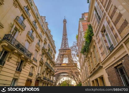 The Eiffel Tower and vintage buildings in Paris, France.