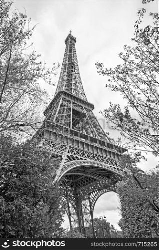 The Eiffel Tower in Paris, France. Black and white image