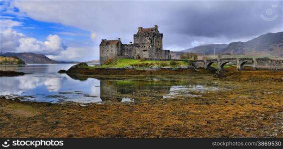 The Eilean Donan Castle panorama in Highlands of Scotland