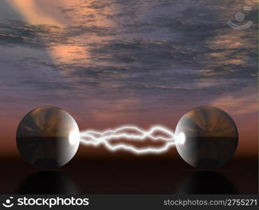 The electric lightning between two fantastic spheres on a background of the storm sky
