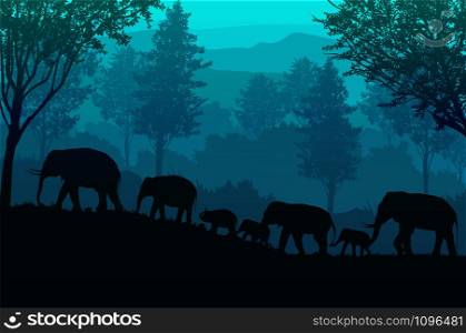 The elephants in the forest Natural jungle green mountains horizon trees Landscape wallpaper Sunrise and sunset Illustration vector style Colorful view background