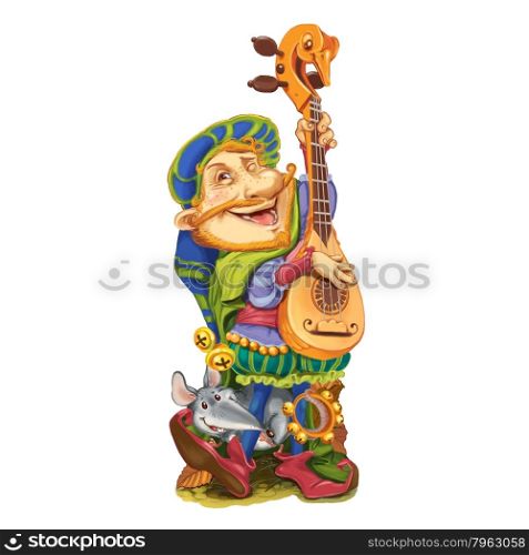 The elf from the fairy tale, together with the friend a cheerful rat, plays the congratulatory song the guitar. Invitation card for a holiday or birthday. Raster illustration.