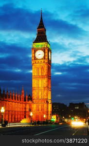 The Elizabeth Tower as seen from the Westminster bridge in the night