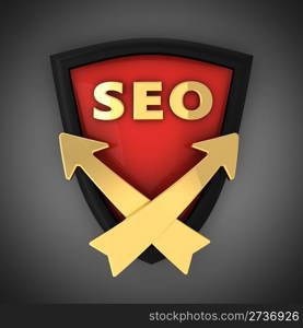 The emblem of the SEO. Shield with the letters SEO and arrows pointing up