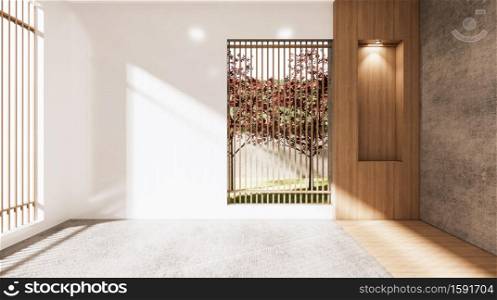 The Empty room japanese style and lamp down light on shelf wall wooden design.3D rendering