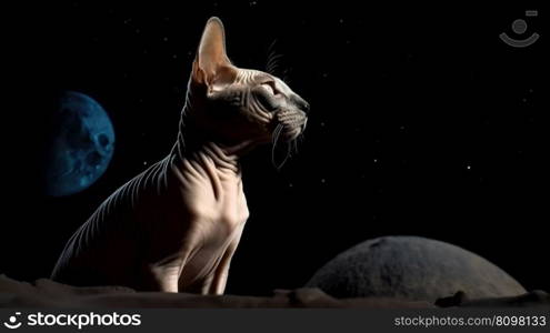 The Enchanting Sphinx Cat Gazing at the Mystical Moon and Starry Sky. Generative ai