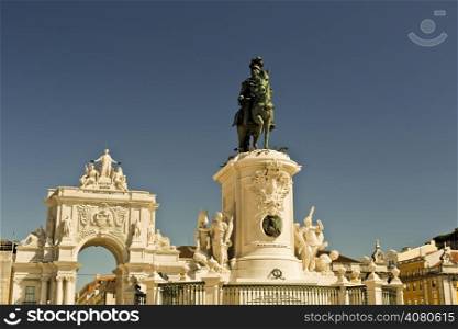 The equestrian statue of King Jose I, located in the center of the majestic Commerce Square in Lisbon.
