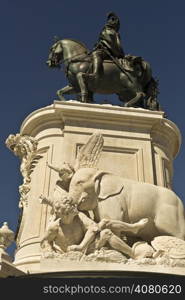 The equestrian statue of King Jose I, located in the center of the majestic Commerce Square in Lisbon.