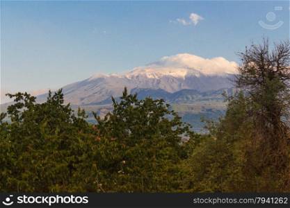 The Etna volcano photographed from Taormina under a blue sky and a cloud against the mountain with Italian woods and trees in the foreground.