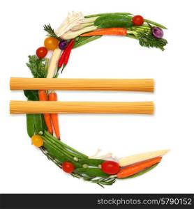The euro money sign made of fresh healthy raw vegetables with two piles of noodles in the middle.