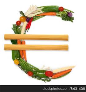 The euro money sign made of fresh healthy raw vegetables with two piles of noodles in the middle.