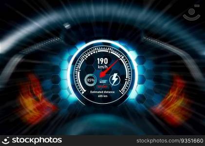 The EV electric vehicle digital speedometer indicates the car high speed on dark background with light effects and motion. drive in sport mode, Electric vehicle technology concept, 3D illustration