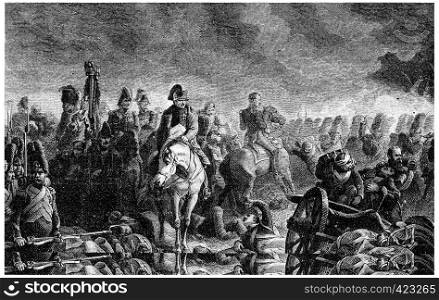 The evening of Waterloo, vintage engraved illustration. History of France ? 1885.