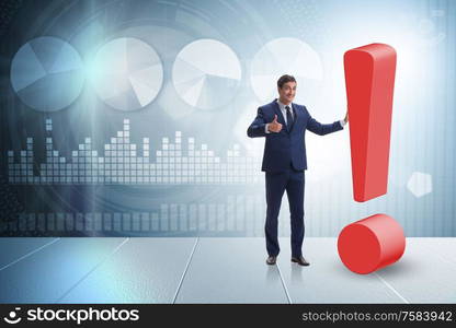 The exclamation mark concept with businessman. Exclamation mark concept with businessman