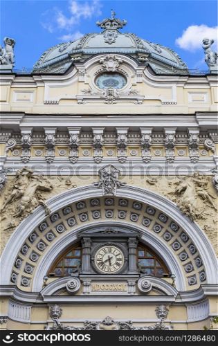 The facade of the historic building at the address: Moscow, Neglinnaya 14. Russia