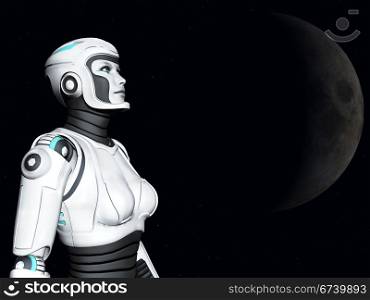 The face of an android woman, gazing out in space. Stars and a planet in the background.. Android woman gazing into space.