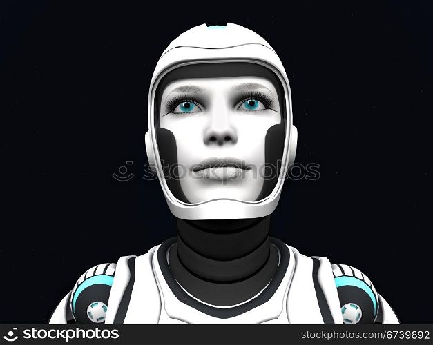 The face of an android woman, gazing out in space. Stars in the background.. Android woman gazing.