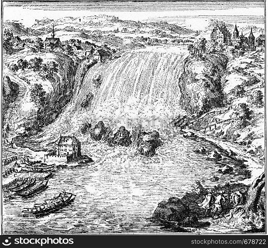 The fall of the Rhine at Schaffhausen at the end of the 17th century, vintage engraved illustration. From the Universe and Humanity, 1910.