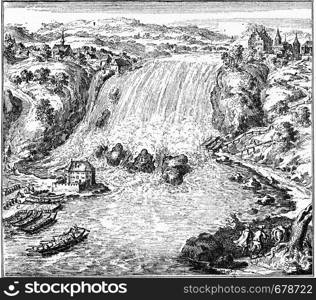 The fall of the Rhine at Schaffhausen at the end of the 17th century, vintage engraved illustration. From the Universe and Humanity, 1910.