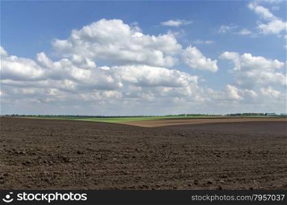 The fallow field with look toward corn field, trees and building in springtime, Ludogorie, Bulgaria