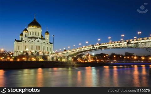 The famous and beautiful view of Cathedral of Christ the Saviour at twilight in Moscow, Russia