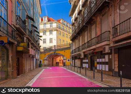 The famous Pink street in Lisbon, Portugal. The famous pedestrian Pink street of Rua Nova do Carvalho in the Cais do Sodre area of Lisbon, Portugal