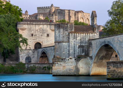 The famous St. Beneset Bridge over the Rhone River on a sunny day. Avignon. France. Provence.. Avignon. Bridge of St. Benezet over the Rhone River.