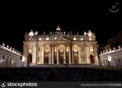The famous St. Peter&rsquo;s Basilica at night in the Vatican