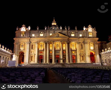 The famous St. Peter&rsquo;s Basilica at night in the Vatican