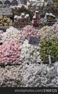 The famous turkish delight for sale at a market in Istanbul