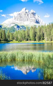 The famous UNESCO site, Tre Cime di Lavaredo in Italy, from the base of the mountains.