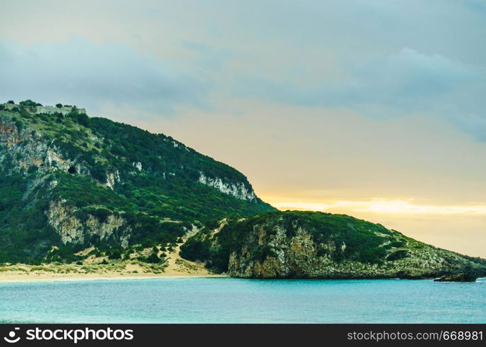 The famous Voidokilia Beach Navarino castle in Messinia Greece Peloponnese, mediterranean Europe. Holidays travel adventure concept.. Voidokilia Beach Navarino castle, Greece