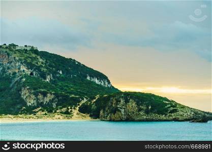 The famous Voidokilia Beach Navarino castle in Messinia Greece Peloponnese, mediterranean Europe. Holidays travel adventure concept.. Voidokilia Beach Navarino castle, Greece