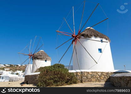 The famous wind mills in Mykonos during day time